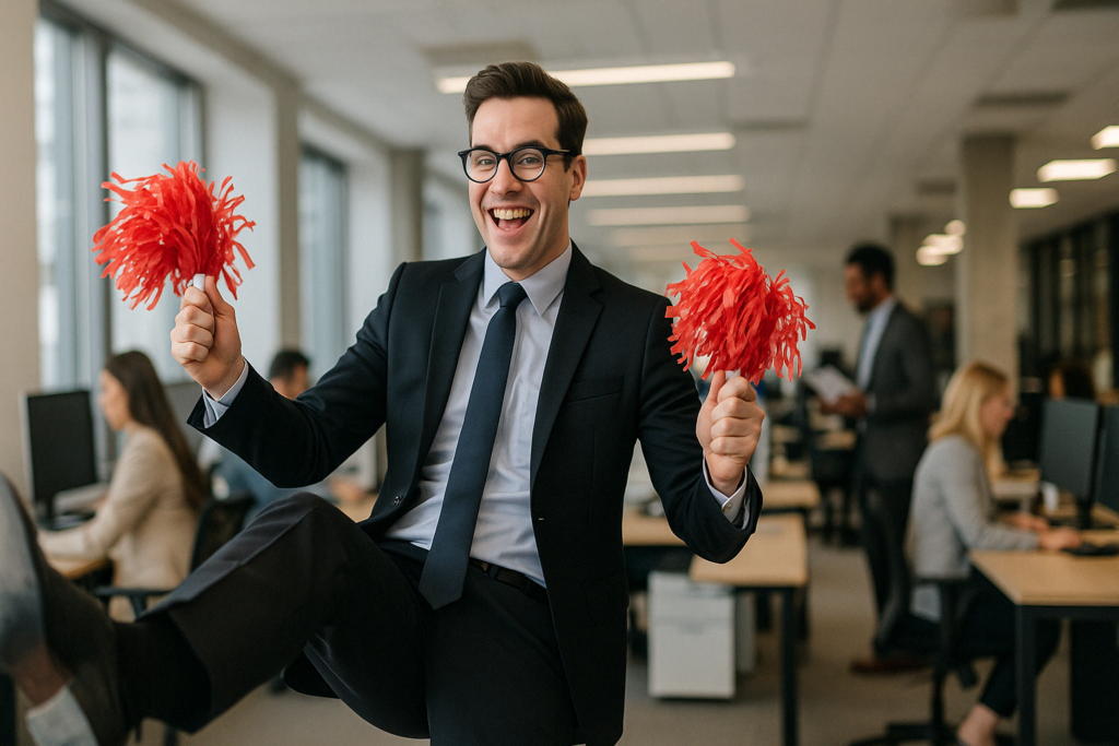 Business man cheering with pompoms