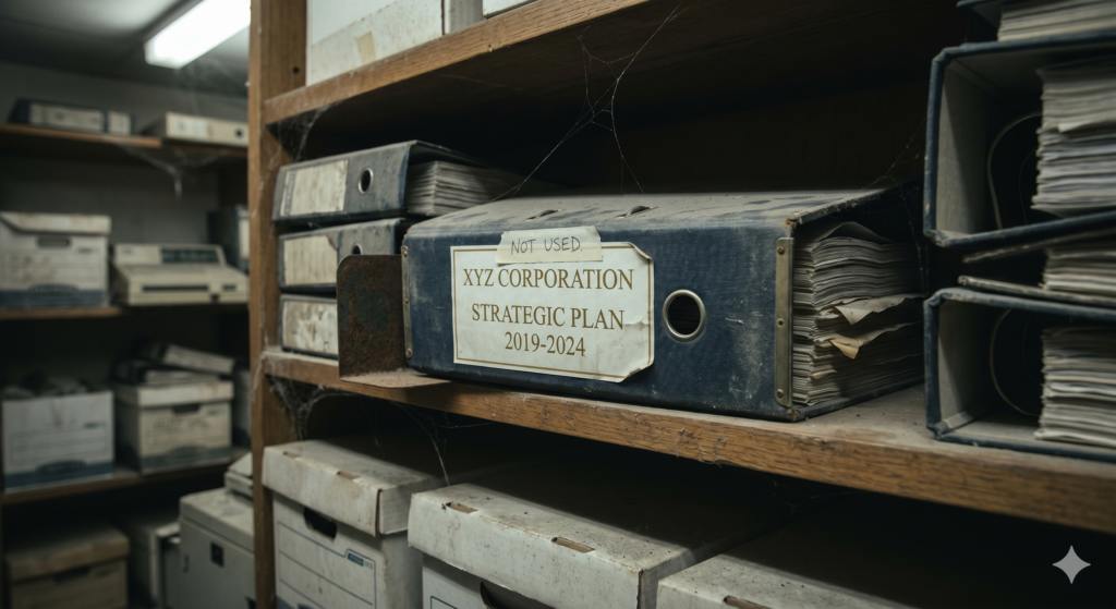 Dust covered strategic plan on shelf