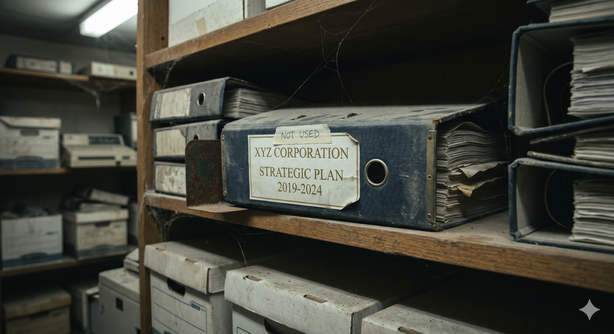 Dust covered strategic plan on shelf